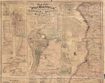 Map of "Panhandle" embracing counties of Hancock, Brooke, Ohio and Marshall, West Virginia WV.  1871.  Vintage home wall reproduction map