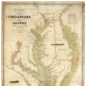 Nautical map of Chesapeake And Delaware Bays  1862. Restoration Hardware Home Deco Style Old Wall Map. Vintage Reproduction