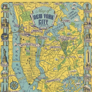 Mappa di New York City 1939.  Mappa di stampa del poster storico della riproduzione vintage