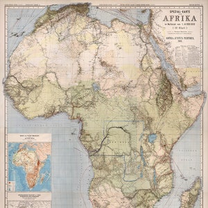 Map of Africa, 1885.  Vintage restoration hardware home Deco Style old wall reproduction map print.