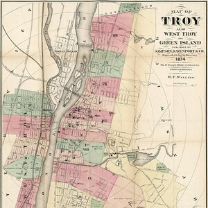 Karte von Troy, West Troy, und Green Island, Rensselaer Co, N.Y. 1874. Vintage home Deco Style alte Wandkarte