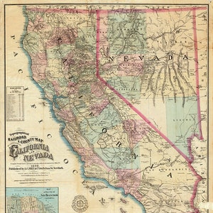 Carte des chemins de fer et du comté des États de la Californie et du Nevada de 1868. Reproduction de carte murale ancienne de style déco maison vintage.