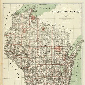 Map of Map of Wisconsin WI, 1878.  Vintage home Deco Style old wall reproduction map print.