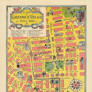 Mapa de Greenwich Village, Nueva York.  Restoration Hardware Home Deco Estilo antiguo mapa de pared. Reproducción Vintage