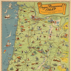 Map of Oregon Playground.  Vintage restoration hardware home Deco Style old wall reproduction map print.
