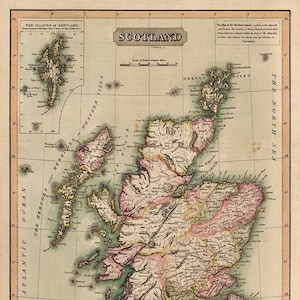 Carte de l'Ecosse de 1814. Reproduction d'une carte murale ancienne de style déco pour la maison avec quincaillerie de restauration vintage.