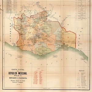Map of Oaxaca, Mexico, 1908.  Vintage restoration hardware home Deco Style old wall reproduction map print.
