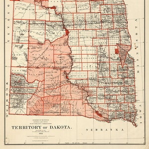 Map of Territory of Dakota 1882. Vintage home Deco Style old wall reproduction map print.