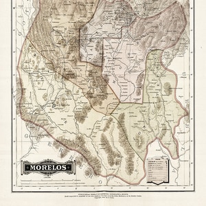 Map of Morelos, Mexico, 1886.  Vintage home Deco Style old wall reproduction map print.