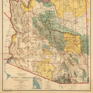 Carte de l'État de l'Arizona, 1921. Reproduction de carte murale ancienne de style déco maison vintage.