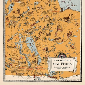 Map of Manitoba, Canada, 1929.  Vintage restoration hardware home Deco Style old wall reproduction map print.