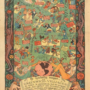 Mapa de Greenwich Village, Nueva York. Restoration Hardware Home Deco Style Old Wall Map. Reproducción de la vendimia