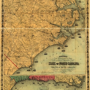 Map of Eastern North Carolina with part of Virginia and South Carolina 1861.  Vintage Reproduction Home Deco Style Old Wall Map.