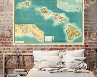 Vintage Japanese Map of Hawaii Hawaiian Islands 標準大東亜分圖・ハワイ諸島 Wall Art Pacific Ocean Cartography Reproduction