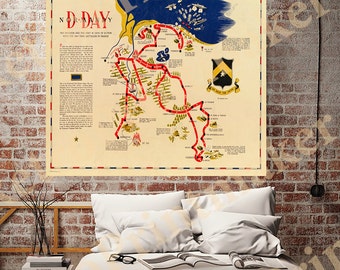 1945 D-Day Normandy Reproduction Map, Vintage WWII 743rd Tank Battalion Print, Historic Omaha Beach Military Wall Decor