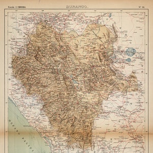 Map of Durango, Mexico, 1922.  Vintage restoration hardware home Deco Style old wall reproduction map print.
