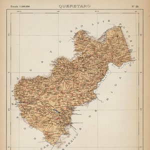 Map of Queretaro, Mexico, 1908.  Vintage restoration hardware home Deco Style old wall reproduction map print.