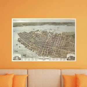 Map of Charleston, South Carolina SC 1872. Drie, C. N.  Vintage restoration hardware home Deco Style old wall reproduction map print.