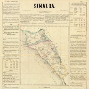 Carte de Sinaloa, Mexique 1858. Reproduction d'une carte murale ancienne de style déco pour la maison avec quincaillerie de restauration vintage.