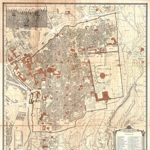 Mapa de Jerusalém, a cidade velha, 1924. Impressão de mapa de reprodução de parede antiga em estilo Deco vintage.