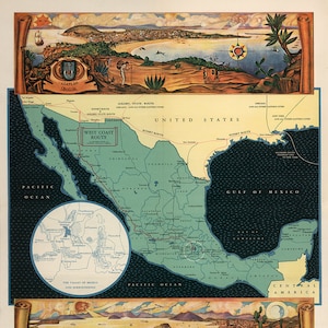 Map of Mexico, with views: Azatlan, Sinaloa, and Guaymas, Sonora. Vintage home Deco Style old wall reproduction map print.