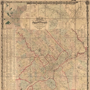 Map of Philadelphia, Pennsylvania PA, 1860. Vintage home Deco Style old wall reproduction map print.