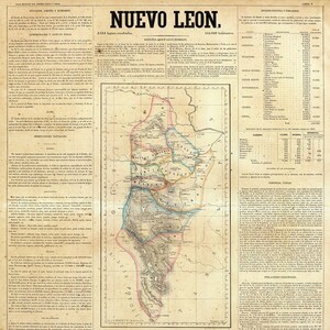Map of Nuevo Leon. Mexico 1858. Vintage restoration hardware home Deco Style old wall reproduction map print.