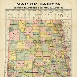 Map of of Dakota. Chicago, Milwaukee & St. Paul Railway Co. 1882. Vintage home Deco Style old wall reproduction map print.