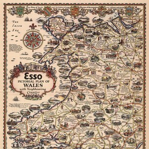 Mapa histórico pictórico - Plano pictórico Esso de Gales con condados vecinos. 1932. Reproducción vintage de mapa de pared para decoración del hogar.