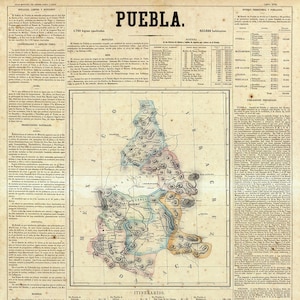 Map of Puebla, Mexico, 1858.  Vintage restoration hardware home Deco Style old wall reproduction map print.