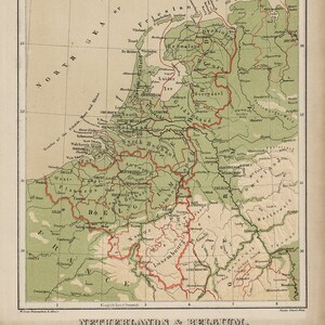 Carte des Pays-Bas et de la Belgique, 1880. Impression de reproduction de carte murale ancienne de style déco maison vintage.