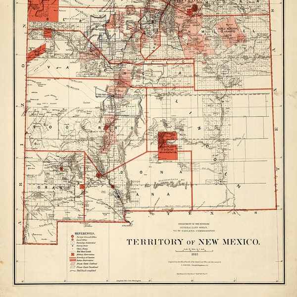 Map of Territory of New Mexico, 1882.  Vintage home Deco Style reproduction map print.