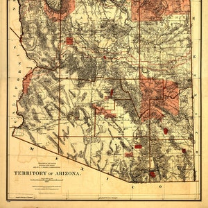 Carte de l'Arizona, 1887. Reproduction de carte murale ancienne de style déco maison vintage.