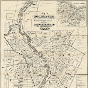 Map of Rochester, Monroe Co., New York, NY.   1832. Vintage restoration hardware home Deco Style old wall reproduction map print.