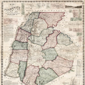 Map of Frederick County, Maryland, MD., 1858. Vintage Reproduction Print Promotional map Art Poster