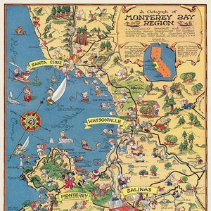 Bildkarte der Region Monterey Bay in Kalifornien. Haus-Deko-Stil Alte Mauer Vintage Reprint.