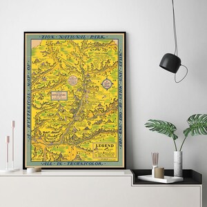 Kaart van Zion National Park. Vintage reproductiekaart.