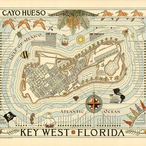 Bildliche Karte von Key West, Florida. Vintage Home Décor Reproduktion Karte.