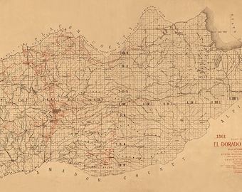 El Dorado County map, California CA 1909.  California State Mining Bureau. Reproduction Vintage Map.  Available in different size.