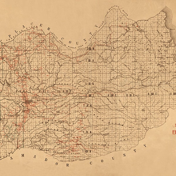 El Dorado County map, California CA 1909.  California State Mining Bureau. Reproduction Vintage Map.  Available in different size.