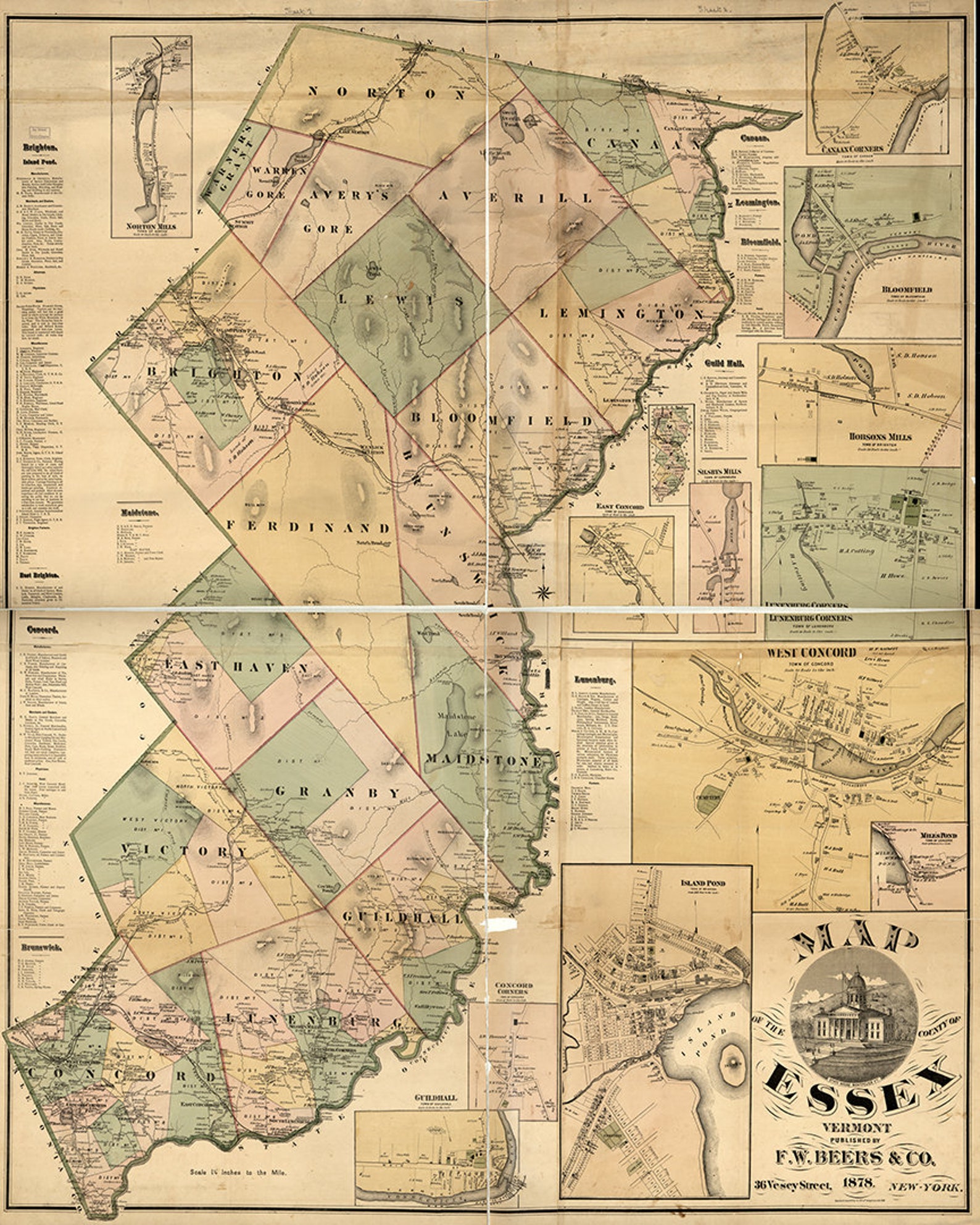 Map of Essex County Vermont. 1878. Vintage home Deco Style Etsy