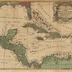 Mapa das Índias Ocidentais e das partes adjacentes da América do Norte e do Sul. 1755. Mapa reimpresso vintage.