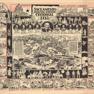 Impresión de reproducción de mapa de pared antiguo estilo Deco de casa vintage con centenario del Imperio Dorado de Sacramento 1939.