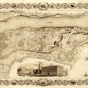 Mapa antiguo de Manhattan, ciudad de Nueva York, estilo antiguo de hardware de restauración de 1836. Mapa de reproducción de pared antiguo de hardware de restauración de época.