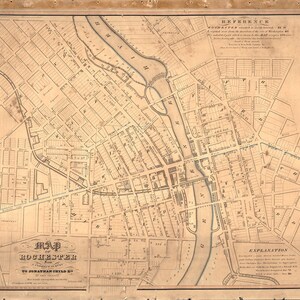 Map of Rochester, Monroe Co., New York, NY.   1832. Vintage restoration hardware home Deco Style old wall reproduction map print.