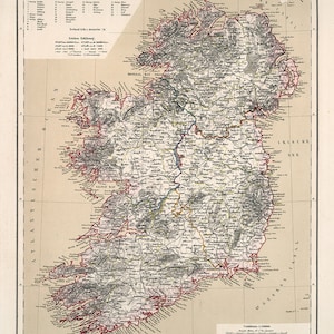 Carte de l'Irlande, 1884. Sohr, Berghaus, Handtke.  Reproduction d'une carte murale vintage de style déco maison ancienne.