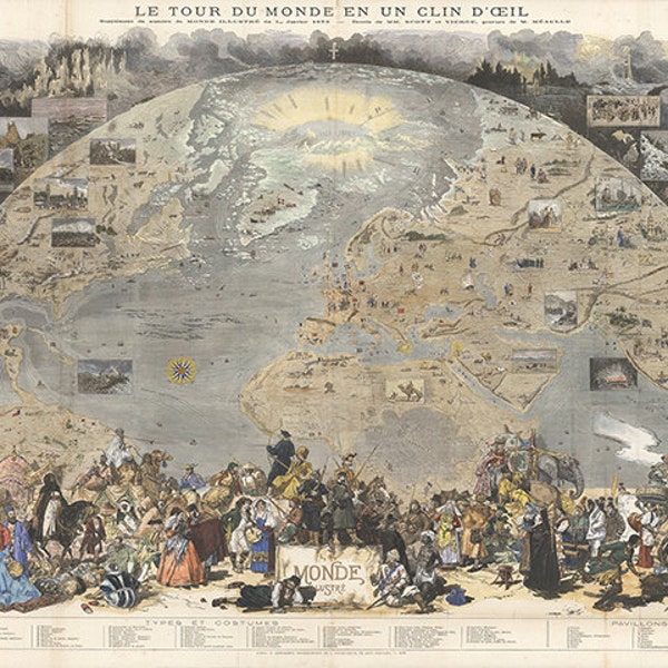 Le Tour du Monde en un Clin d'Oeil, 1876.  Tour of the World in the Blink of an Eye.  Vintage home Deco reproduction map print