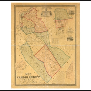 Map of CAMDEN County, New Jersey 1857. Vintage home Deco Style old wall reproduction map print.