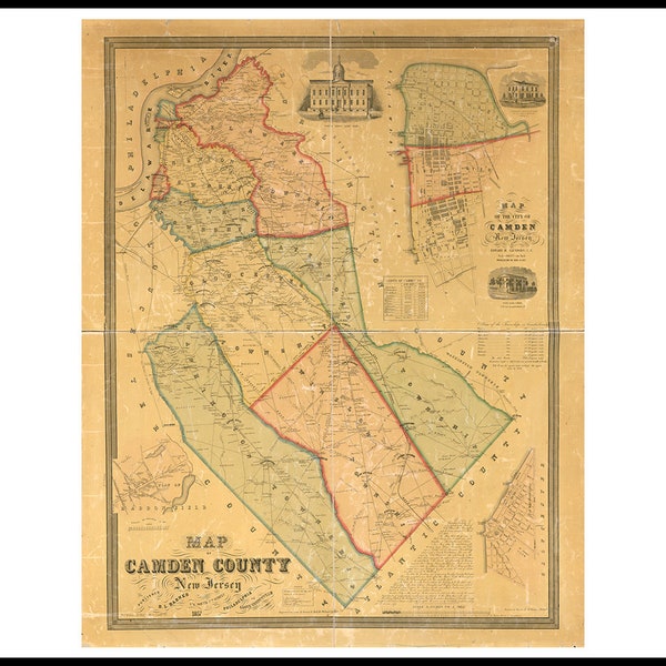 Map of CAMDEN County, New Jersey 1857. Vintage home Deco Style old wall reproduction map print.