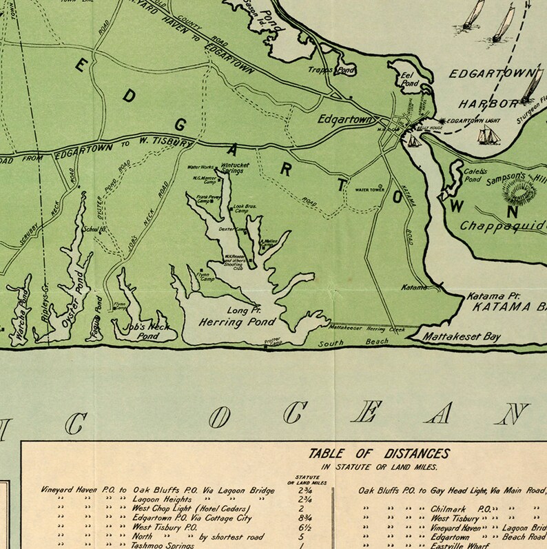 Puede incluir: Un mapa vintage de Edgartown, Massachusetts, con fondo verde y l&iacute;neas marrones. El mapa muestra la ubicaci&oacute;n de varios puntos de referencia, incluyendo Long Pond, Herring Pond y el puerto de Edgartown. El mapa tambi&eacute;n incluye una tabla de distancias en millas terrestres o millas terrestres.